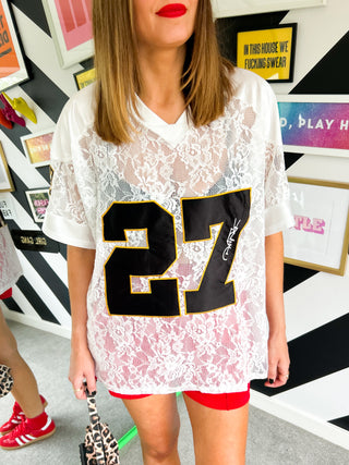She Takes First Lace - White Lace Varsity Football T-shirt