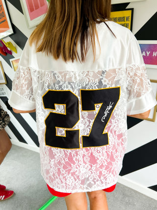 She Takes First Lace - White Lace Varsity Football T-shirt
