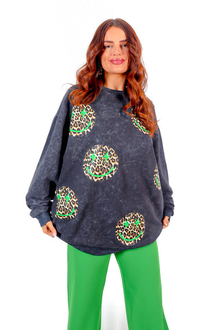 She's All Smiles - Acid Wash Green Smiley Sweatshirt