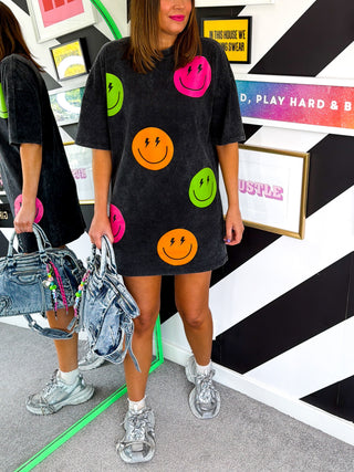 She's All Smiles - Acid Wash Multicoloured T-Shirt Dress