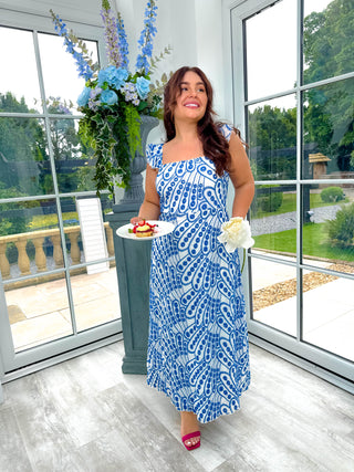She's Classy - Cream Blue Broderie Anglaise Frill Midi Dress