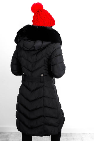 She's Cold Blooded - Black Chevron Panel Fur Hood Coat