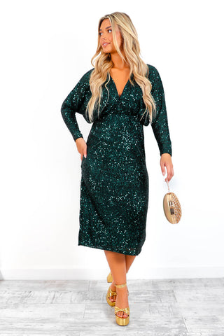 She's Elegant - Forest Sequin Plunge Midi Dress