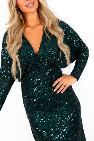 She's Elegant - Forest Sequin Plunge Midi Dress