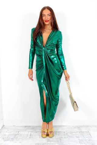 She's Frisky - Forest Metallic Plunge Midi Dress