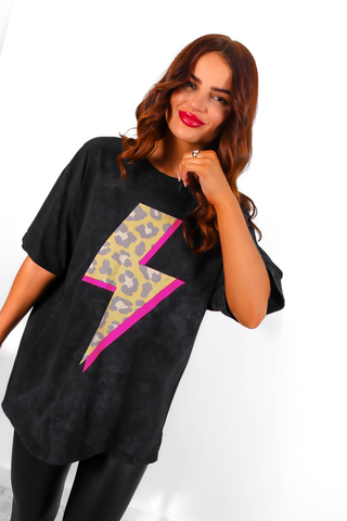 Shes So Striking - Black Acid Wash Leopard Neon Pink Lightning Bolt T-Shirt