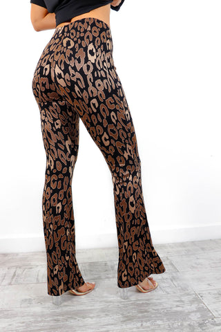 Shes Got Flare - Black Beige Leopard Flare Leg Trousers