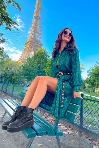 Shine All The Time - Forest Sequin Midi Shirt Dress