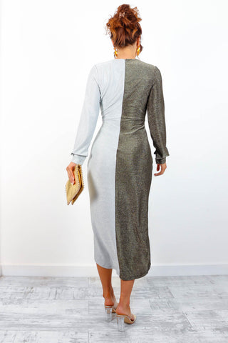 Shine On - Gold Silver Lurex Wrap Midi Dress