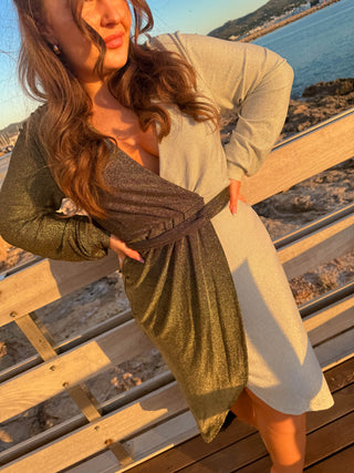 Shine On - Gold Silver Lurex Wrap Midi Dress