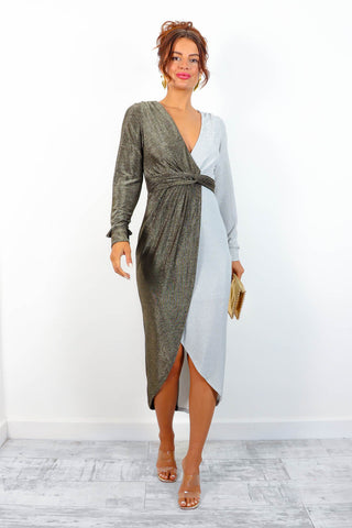 Shine On - Gold Silver Lurex Wrap Midi Dress