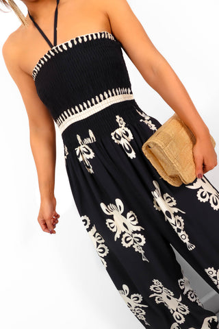 Shirred Joy - Black Shirred Printed Halter Neck Jumpsuit