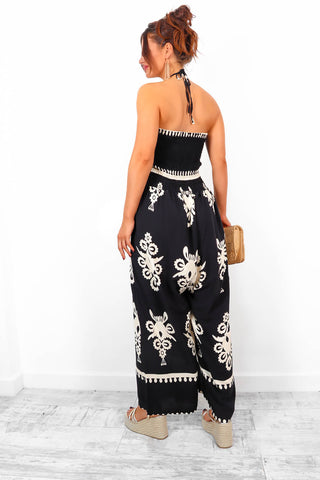 Shirred Joy - Black Shirred Printed Halter Neck Jumpsuit