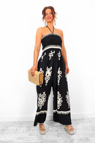 Shirred Joy - Black Shirred Printed Halter Neck Jumpsuit