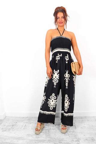 Shirred Joy - Black Shirred Printed Halter Neck Jumpsuit