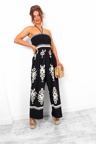 Shirred Joy - Black Shirred Printed Halter Neck Jumpsuit
