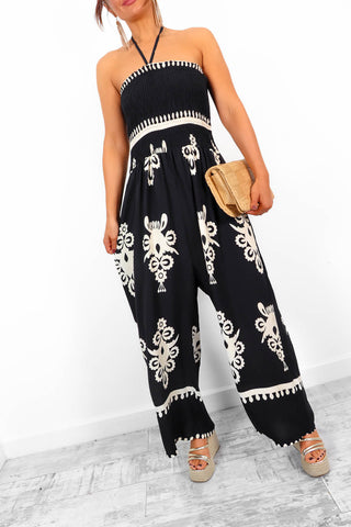 Shirred Joy - Black Shirred Printed Halter Neck Jumpsuit
