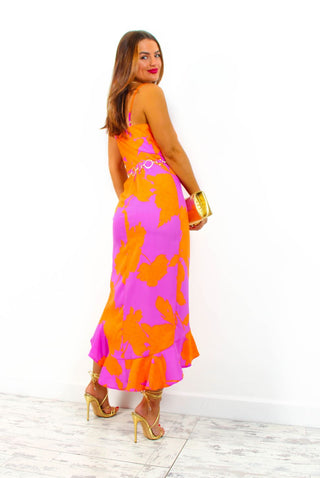 Simply Irresistible - Pink Orange Floral Ruffle Cami Midi Dress