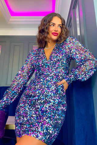So Sensational - Pink Blue Sequin Long Sleeve Mini Dress