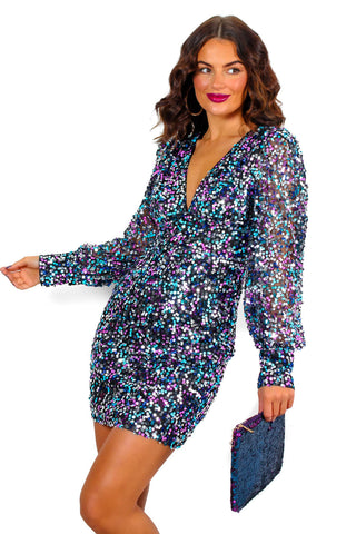 So Sensational - Pink Blue Sequin Long Sleeve Mini Dress