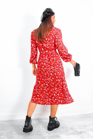 Spot My Baby - Red Leopard Print Long Sleeve Midi Dress
