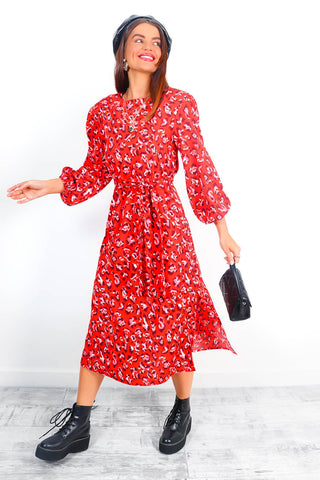 Spot My Baby - Red Leopard Print Long Sleeve Midi Dress