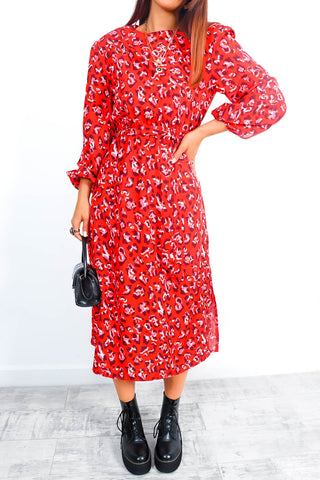 Spot My Baby - Red Leopard Print Long Sleeve Midi Dress