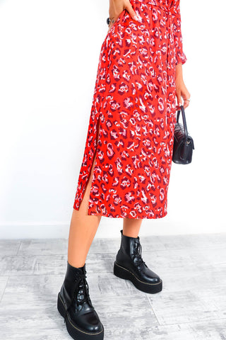 Spot My Baby - Red Leopard Print Long Sleeve Midi Dress