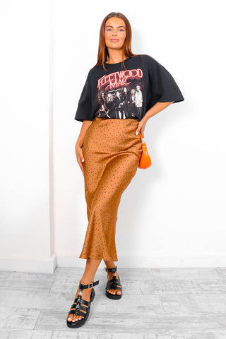 Spot Of Trouble - Bronze Black Spot Satin Slip Midi Skirt