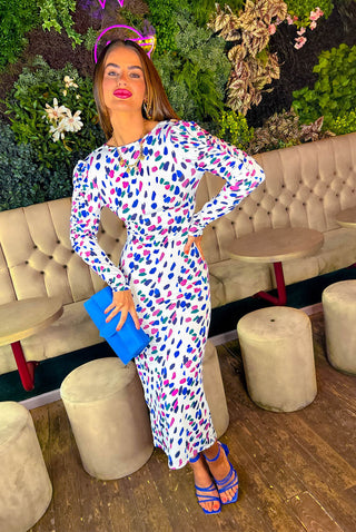 Stay A While - White Multi Spot Ruched Midi Dress