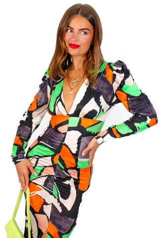 Stay A While - Black Green Printed Ruched Midi Dress