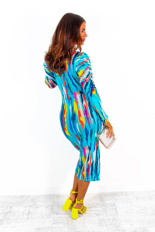 Stay A While - Blue Multi Abstract Print Ruched Midi Dress