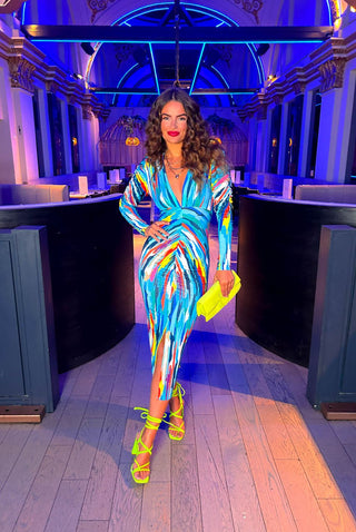Stay A While - Blue Multi Abstract Print Ruched Midi Dress