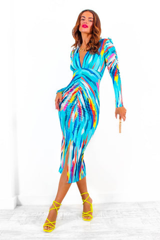 Stay A While - Blue Multi Abstract Print Ruched Midi Dress