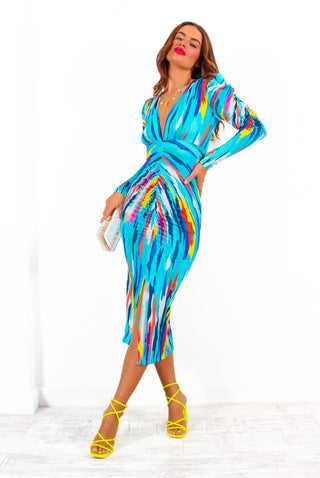 Stay A While - Blue Multi Abstract Print Ruched Midi Dress