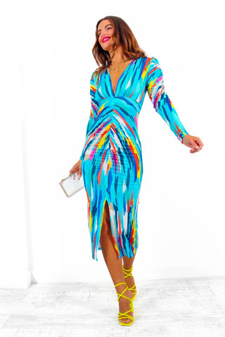 Stay A While - Blue Multi Abstract Print Ruched Midi Dress