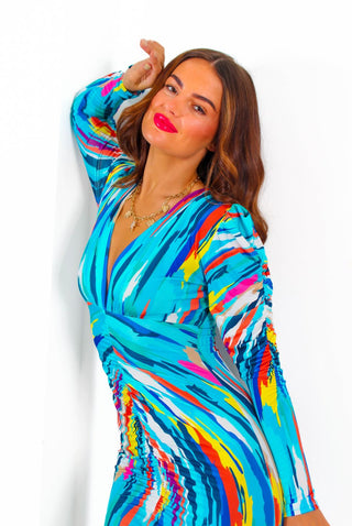 Stay A While - Blue Multi Abstract Print Ruched Midi Dress