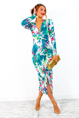 Stay A While - Green Multi Abstract Print Ruched Midi Dress