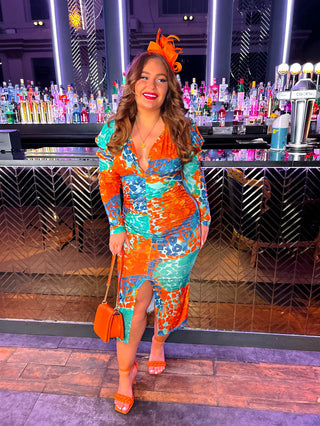 Stay A While - Orange Turquoise Leopard Print Ruched Midi Dress