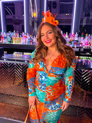 Stay A While - Orange Turquoise Leopard Print Ruched Midi Dress
