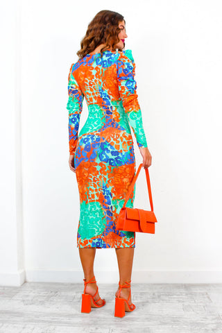 Stay A While - Orange Turquoise Leopard Print Ruched Midi Dress
