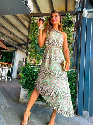 Stay Classy - Olive Beige Leopard One Shoulder Midi Dress