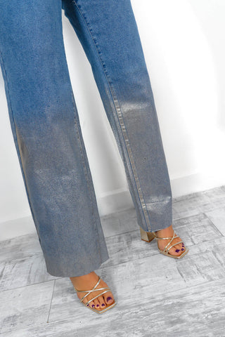 Stood You Up - Blue Gold Metallic Hem Wide-Leg Jeans