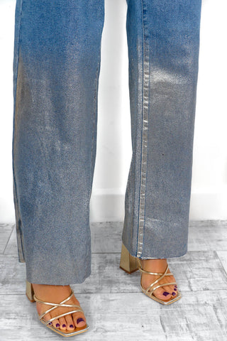 Stood You Up - Blue Gold Metallic Hem Wide-Leg Jeans