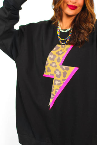 Strike A Pose - Black Leopard Neon Pink Lightning Bolt Sweatshirt