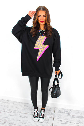 Strike A Pose - Black Leopard Neon Pink Lightning Bolt Sweatshirt