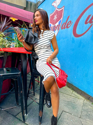 Stripe Out - White Black Shoulder Pad Midi Dress
