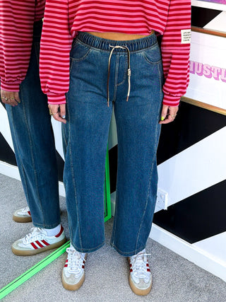 Style Staple - Mid Blue Denim Barrel Leg Joggers