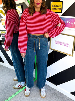 Style Staple - Mid Blue Denim Barrel Leg Joggers