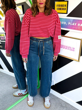 Style Staple - Mid Blue Denim Barrel Leg Joggers